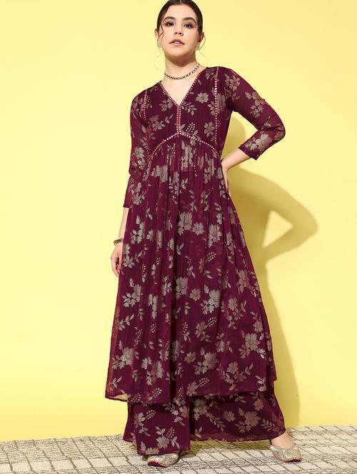 women maroon v neck kurta palazzo set - 21371132 - Very Small Image - 1