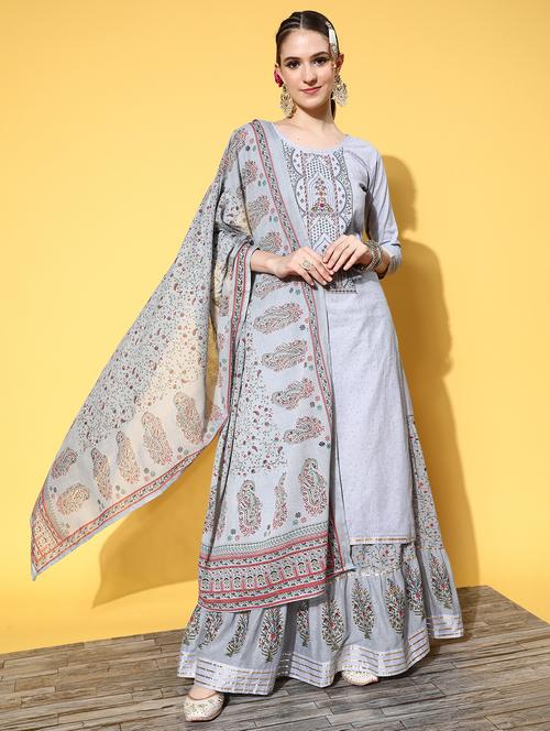 women grey round neck kurta skirt set with dupatta - 21371154 - Very Small Image - 1