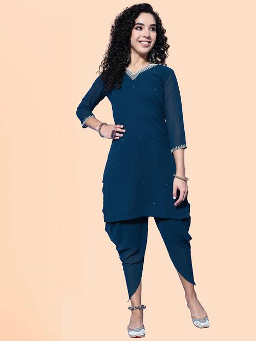 women blue solid kurta dhoti salwar set - 21371160 - Very Small Image - 1