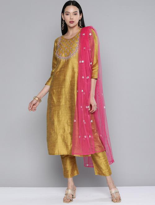 women mustard round neck kurta pant set with dupatta - 21371171 - Very Small Image - 1