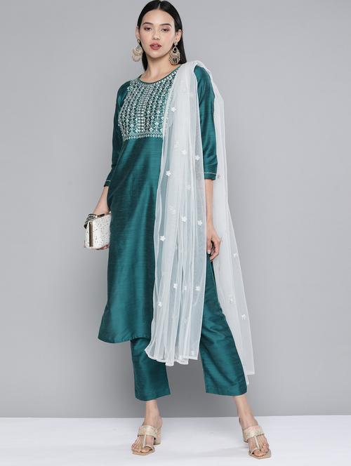 women teal kurta pant set with dupatta - 21371172 - Very Small Image - 1