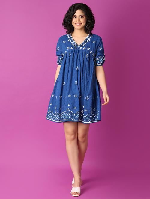 women blue embroidered fit & flare dress - 21371958 - Very Small Image - 1