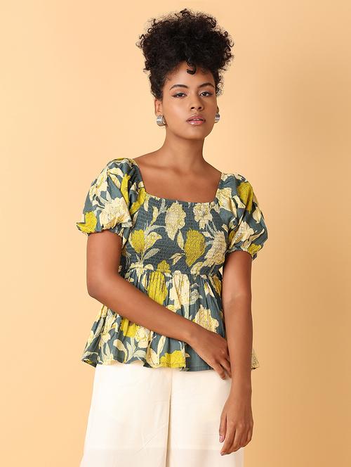 women printed smocked detailed peplum top - 21372008 - Very Small Image - 1