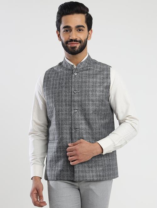 men mandarin neck checkered nehru jacket - 21374462 - Very Small Image - 1