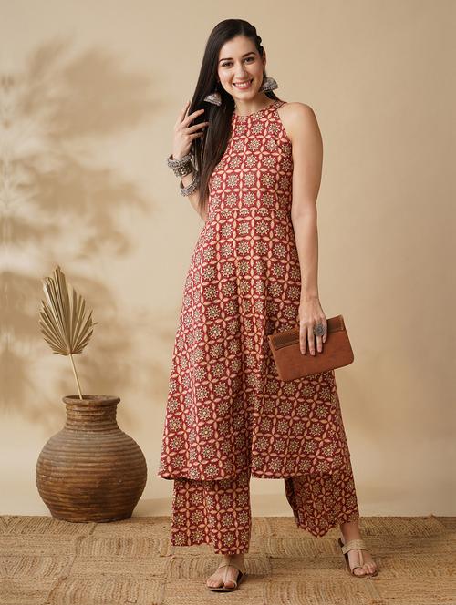 globus women red ethnic motif print halter neck a-line calf length kurta & palazzos set - 21378953 - Very Small Image - 1