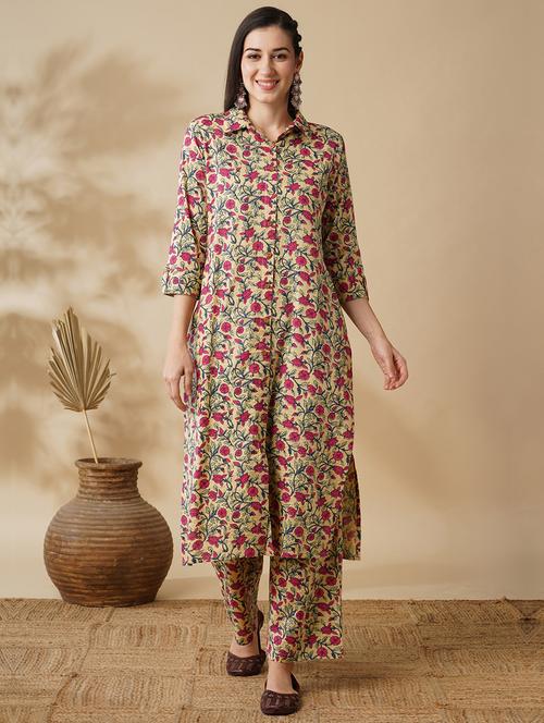 globus women yellow floral printed shirt style button down a-line workwear kurta & trouser set - 21378954 - Very Small Image - 1