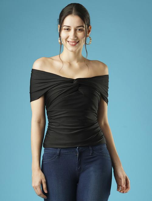 globus women solid black off-shoulder twisted neck drop shoulder party top - 21379004 - Very Small Image - 1