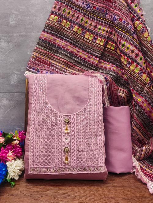 women solid with work unstitched suit set - 21381320 - Very Small Image - 1