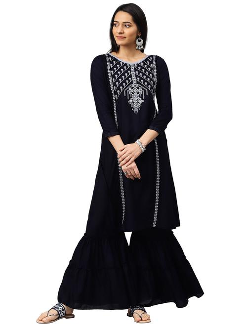 navy blue embroidered kurta sharara set - 21383477 - Very Small Image - 1