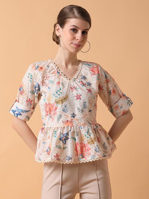 cream floral printed peplum top - 21387518 - Very Small Image - 1