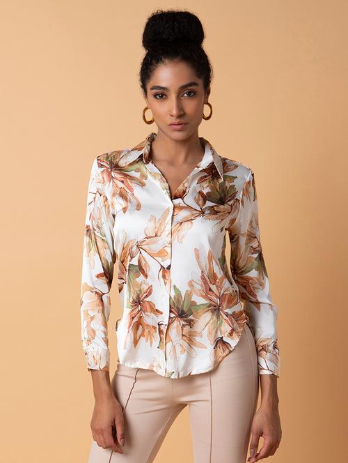 cream floral print satin shirt - 21387625 - Very Small Image - 1