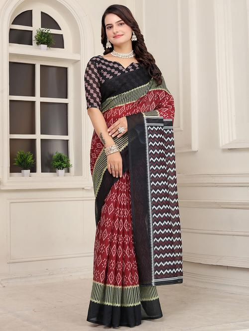 women maroon geometric printed saree with blouse - 21389252 - Very Small Image - 1