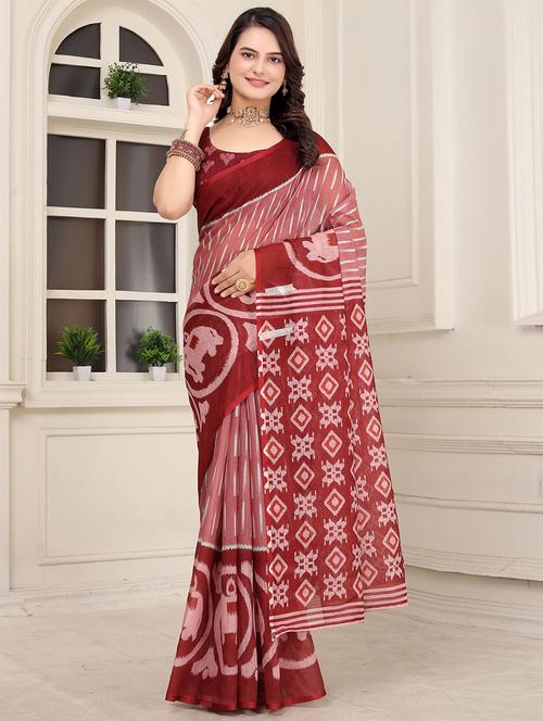 women peach ikat printed saree with blouse - 21389262 - Very Small Image - 1