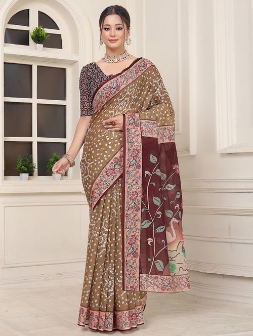 women brown bandhani print straight kurta with blouse - 21389279 - Very Small Image - 1