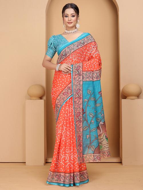 women orange bandhani printed saree with blouse - 21389281 - Very Small Image - 1