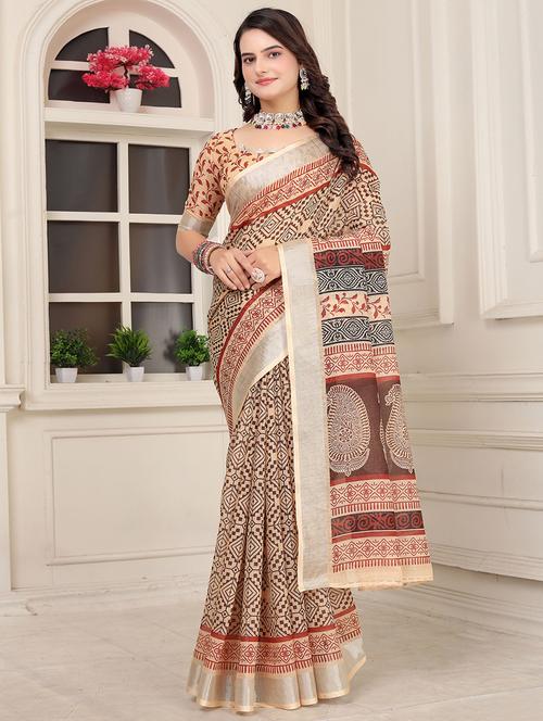women beige geometric printed saree with blouse - 21389288 - Very Small Image - 1