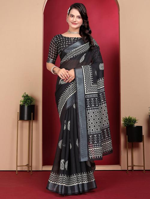 women black paisley printed saree with blouse - 21389292 - Very Small Image - 1