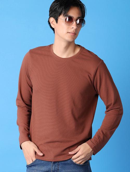 men brown self design long sleeve t-shirt - 21389817 - Very Small Image - 1