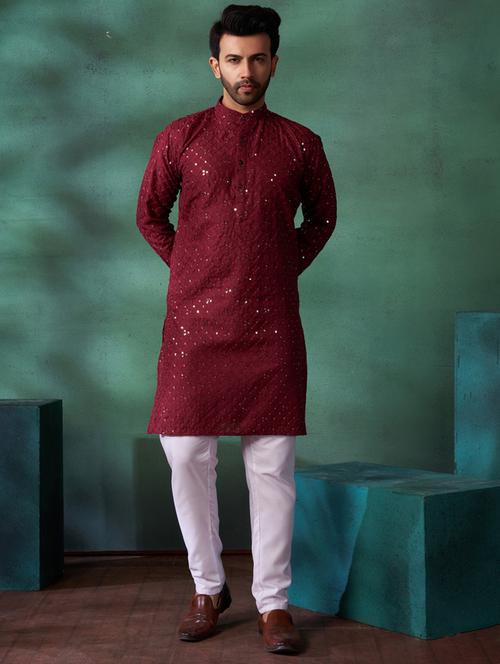 men mandarin neck embroidered long kurta - 21390702 - Very Small Image - 1