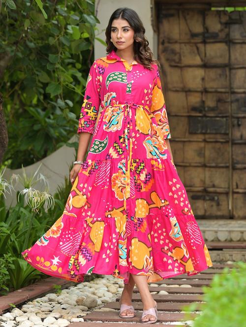 fuchsia cotton tiered ethnic dress - 21391954 - Very Small Image - 1