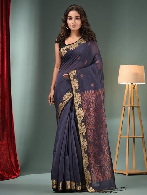 grey handloom sareewomen self design handloom saree with blouse - 21392666 - Very Small Image - 1