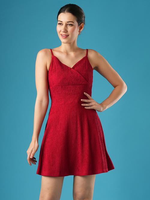 globus women red self textured stretchable v-neck adjustable shoulder straps fit & flare party dress - 21393585 - Very Small Image - 1