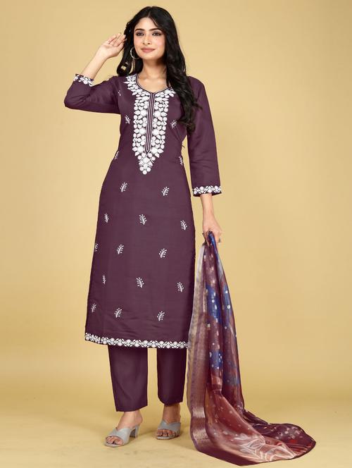 purple cotton silk kurta dupatta set - 21393640 - Very Small Image - 1