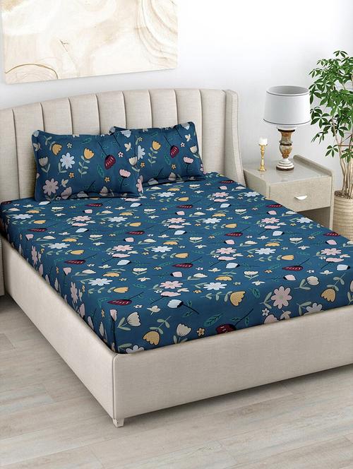 fabinaliv blue floral 300 tc cotton blend king size double bedsheet with 2 pillow covers - 21393680 - Very Small Image - 1