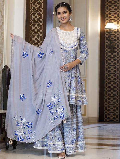 women grey printed kurta & sharara set - 21393785 - Very Small Image - 1