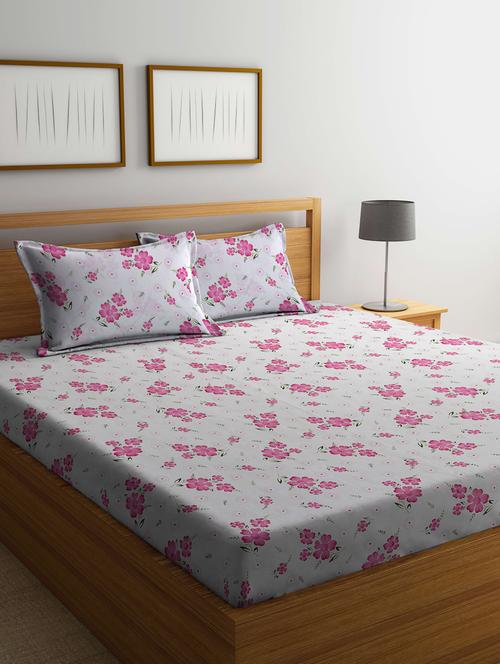 fabinaliv white floral 300 tc cotton blend king size double bedsheet with 2 pillow covers - 21393837 - Very Small Image - 1