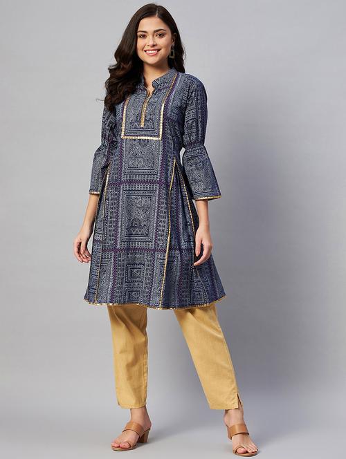 women blue cotton blend a-line kurta - 21395242 - Very Small Image - 1