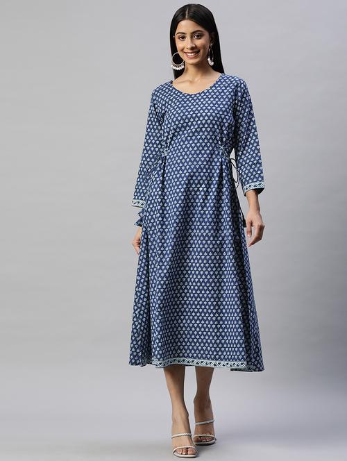 women blue printed three quarter sleeve a-line dress - 21395257 - Very Small Image - 1
