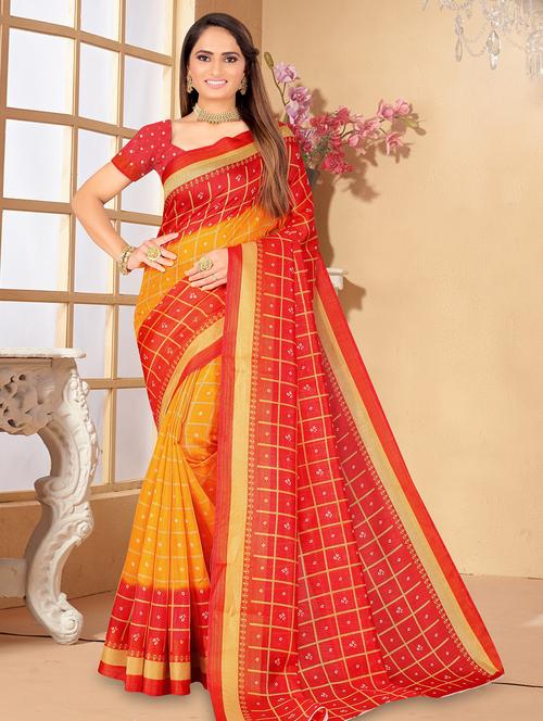 women yellow bandhani printed saree - 21395998 - Very Small Image - 1