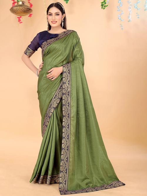 women olive solid lace work saree - 21397141 - Very Small Image - 1