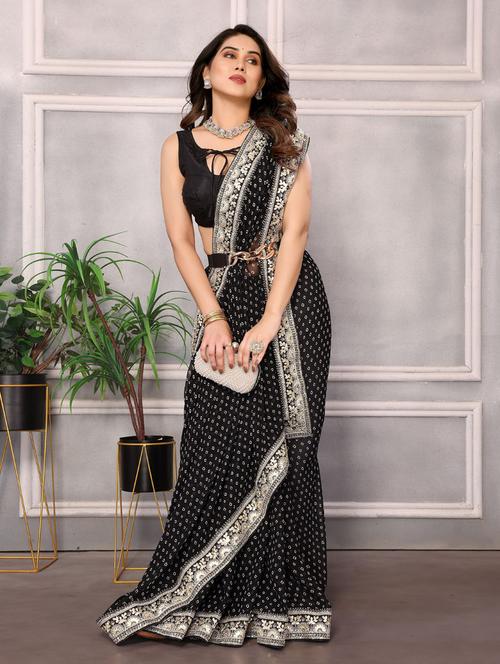 women black bandhani printed lace work saree with blouse - 21397617 - Very Small Image - 1