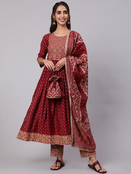 women maroon floral printed suit set - 21398342 - Very Small Image - 1