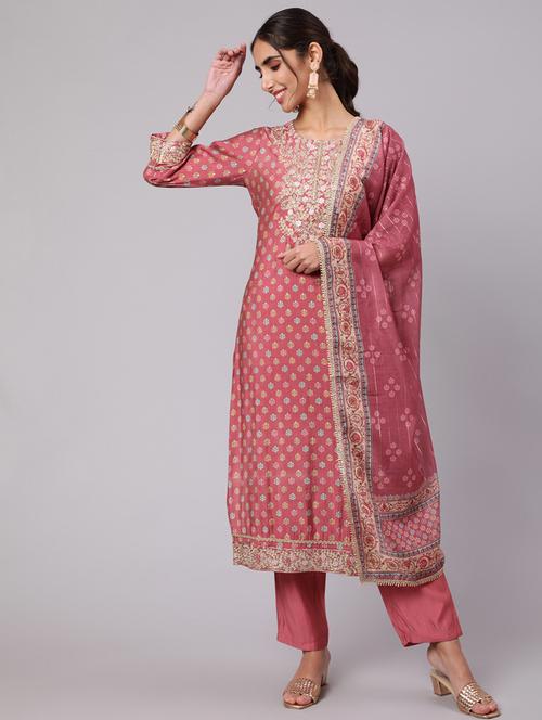 women pink printed round neck suit set - 21398353 - Very Small Image - 1