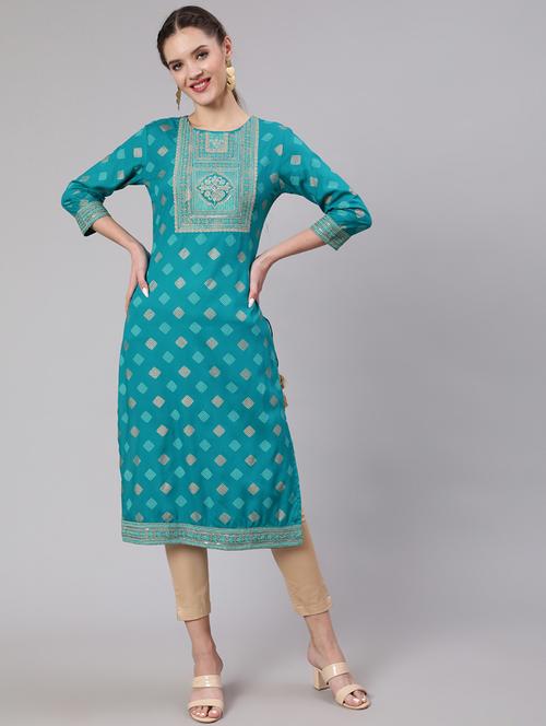 teal embroidered straight kurta - 21398496 - Very Small Image - 1
