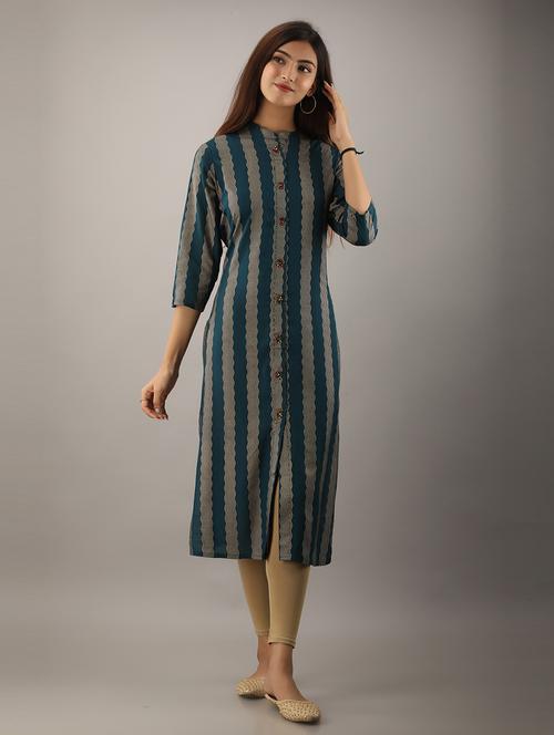 teal stripes straight kurta - 21398551 - Very Small Image - 1