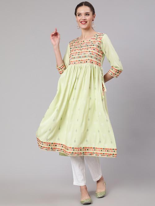 light green self-designed flared kurta - 21398574 - Very Small Image - 1