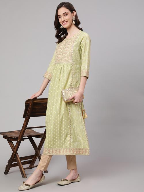 light green embroidered flared kurta - 21398575 - Very Small Image - 1
