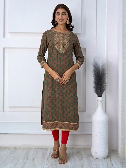 olive printed straight kurta - 21398579 - Very Small Image - 1