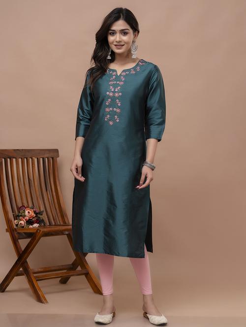 teal embroidered straight kurta - 21398580 - Very Small Image - 1