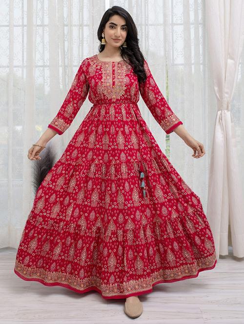 women red round neck florals printed flared gown - 21398583 - Very Small Image - 1