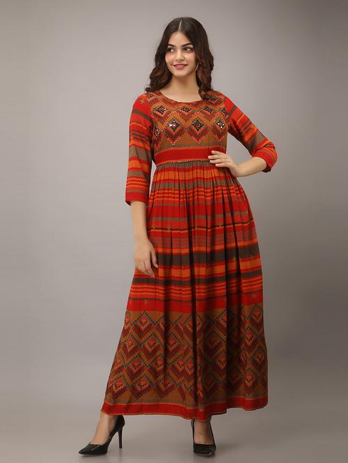 orange printed a-line dress - 21398613 - Very Small Image - 1