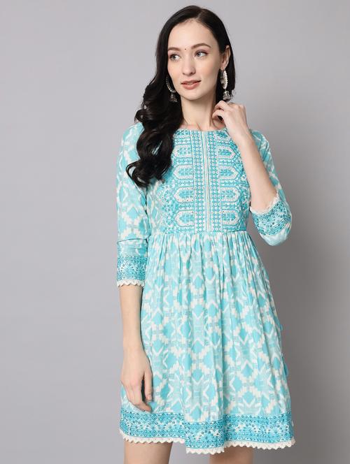 turquoise printed a-line dress - 21398616 - Very Small Image - 1