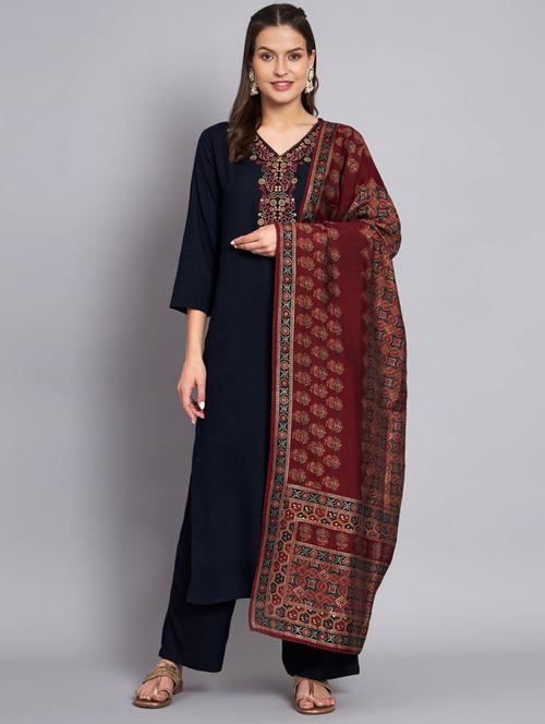 women navy blue kurta pant set with dupatta - 21398773 - Very Small Image - 1