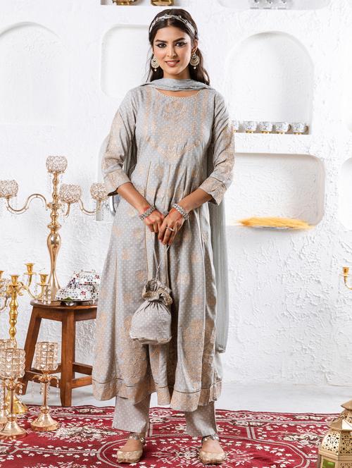 women grey printed kurta pant set with dupatta - 21398882 - Very Small Image - 1