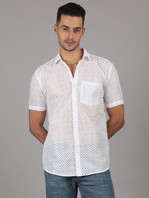 white schiffli cotton linen casual shirt - 21399641 - Very Small Image - 1