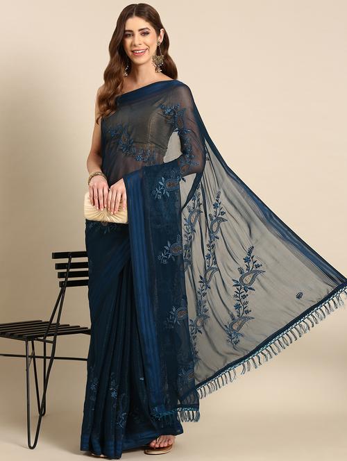 women teal embroidered saree - 21400722 - Very Small Image - 1